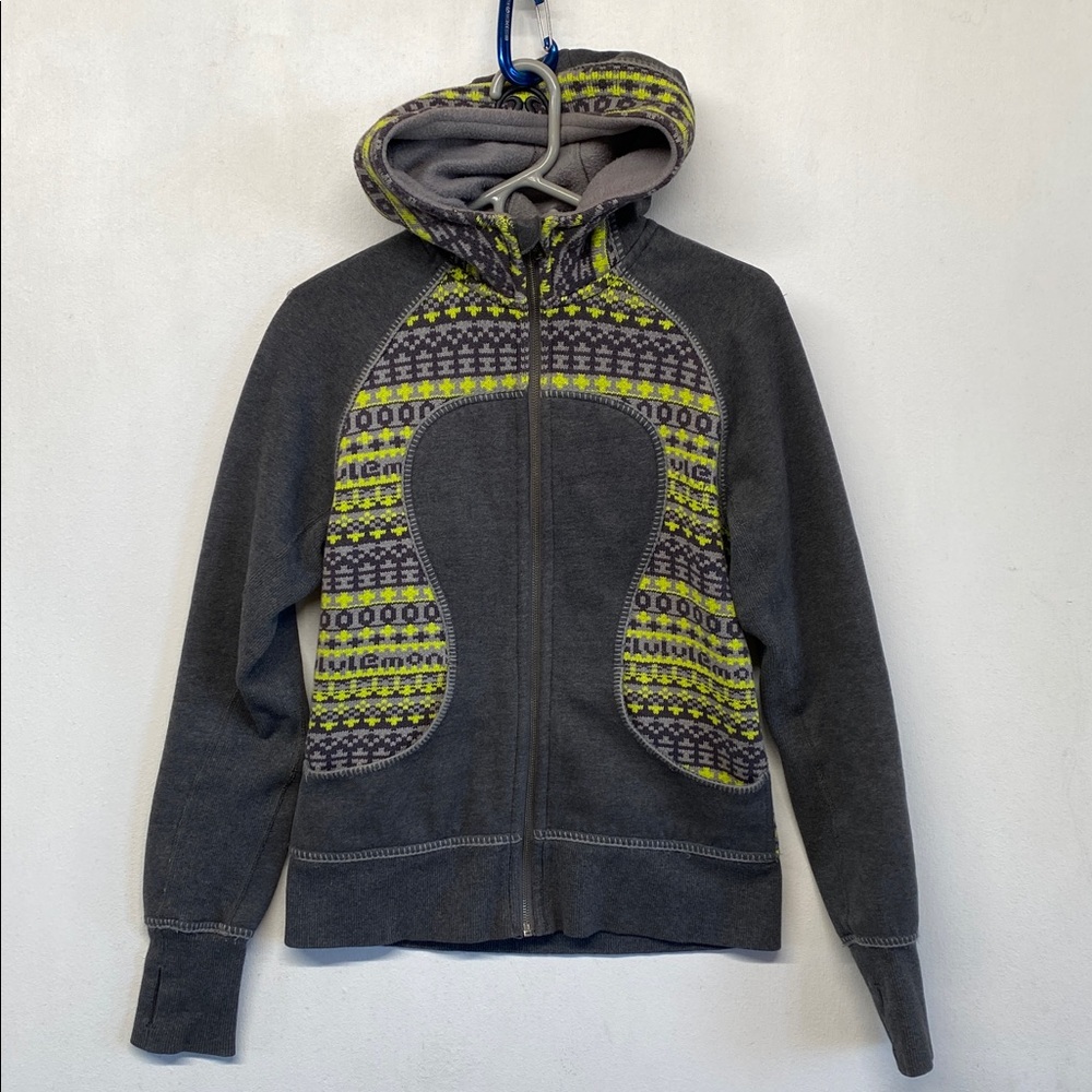 Lululemon Fair Isle Scuba Hoodie size 8 special edition gray & green/yellow
